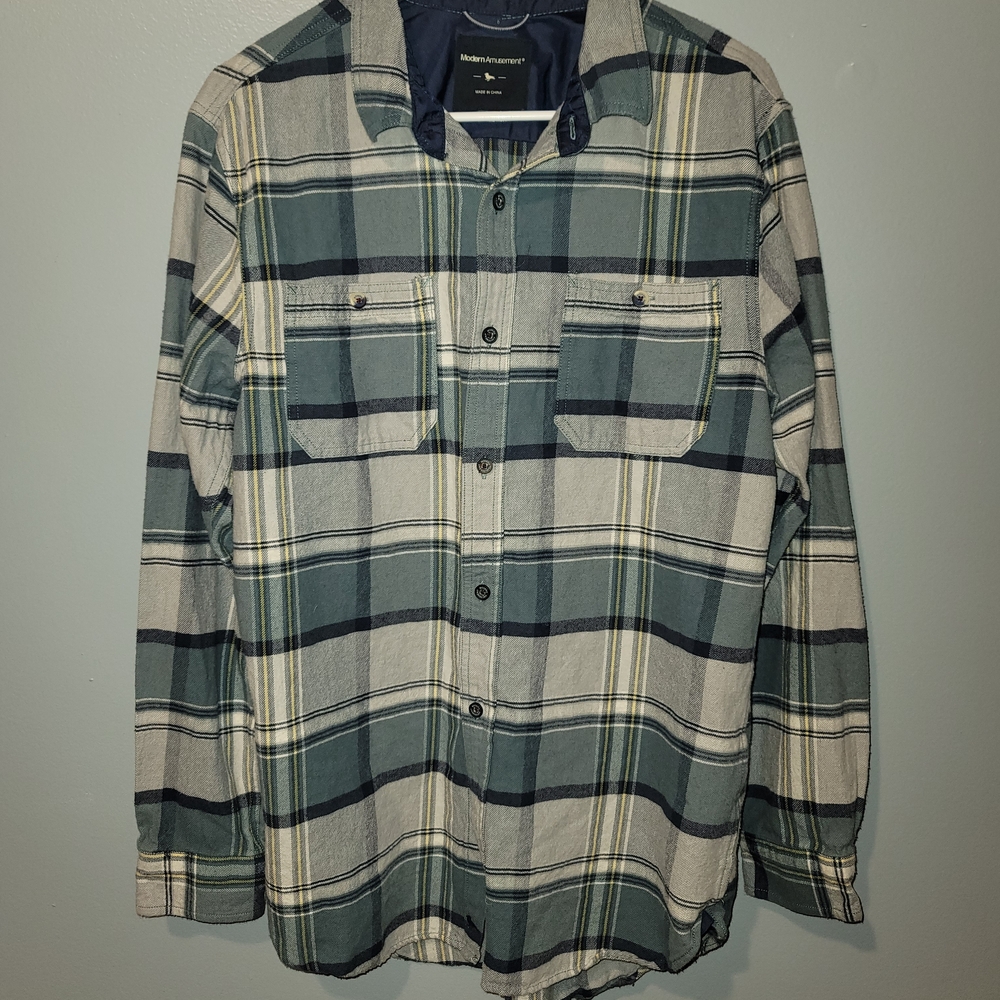 Blue and Green Plaid Button-Up Shirt